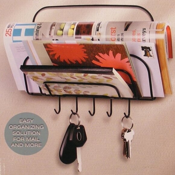 Order Home Wall Organizer Key Rack 5  Hooks and Mail Organizer Metal Black - Picture 1 of 9